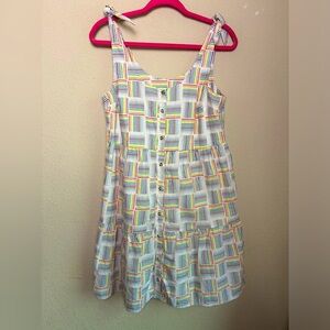 Rainbow Stripe Linen Blend Tiered Hem Pocketed Sun Dress XS